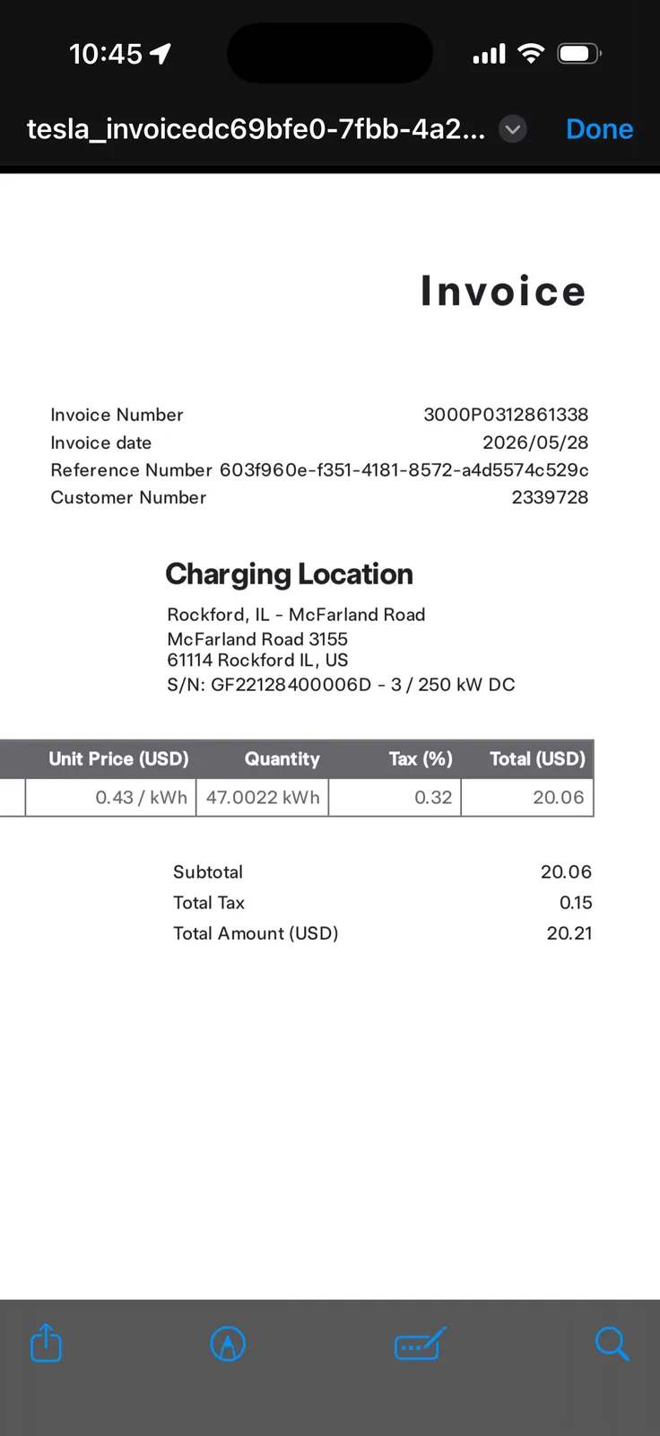 The Tesla email invoice for the Rockford Supercharger session, 47.0022 kWh at $0.43 per kWh for $20.06 subtotal plus $0.15 tax, $20.21 total