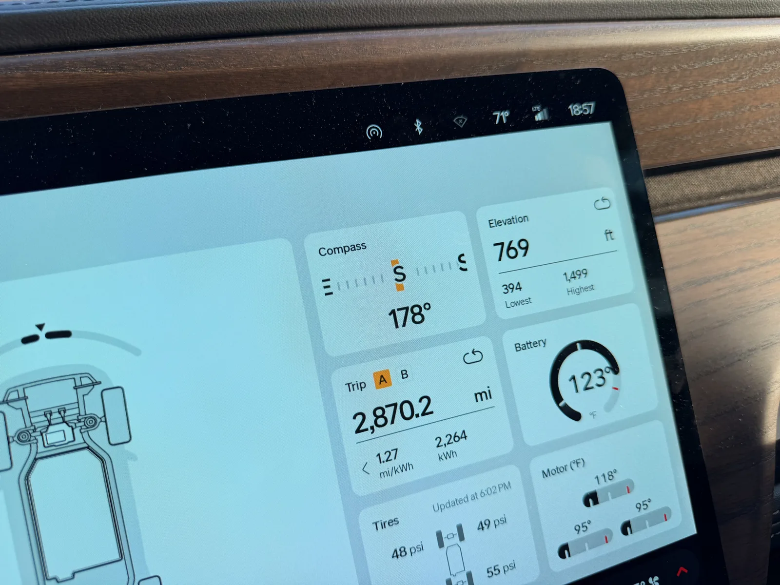 The Rivian R1T center display Trip A view at the McHenry IONNA Rechargery showing Trip A 2,870.2 miles trip-to-date, compass S 178°, elevation 769 ft, battery charging at 122°F
