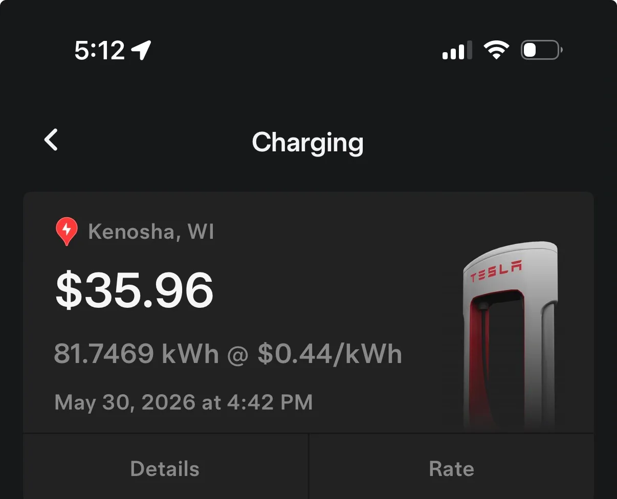 The Tesla app charging summary for the Kenosha Supercharger on May 30 2026, 81.7469 kWh at $0.44 per kWh for $35.96, session start 4:42 PM