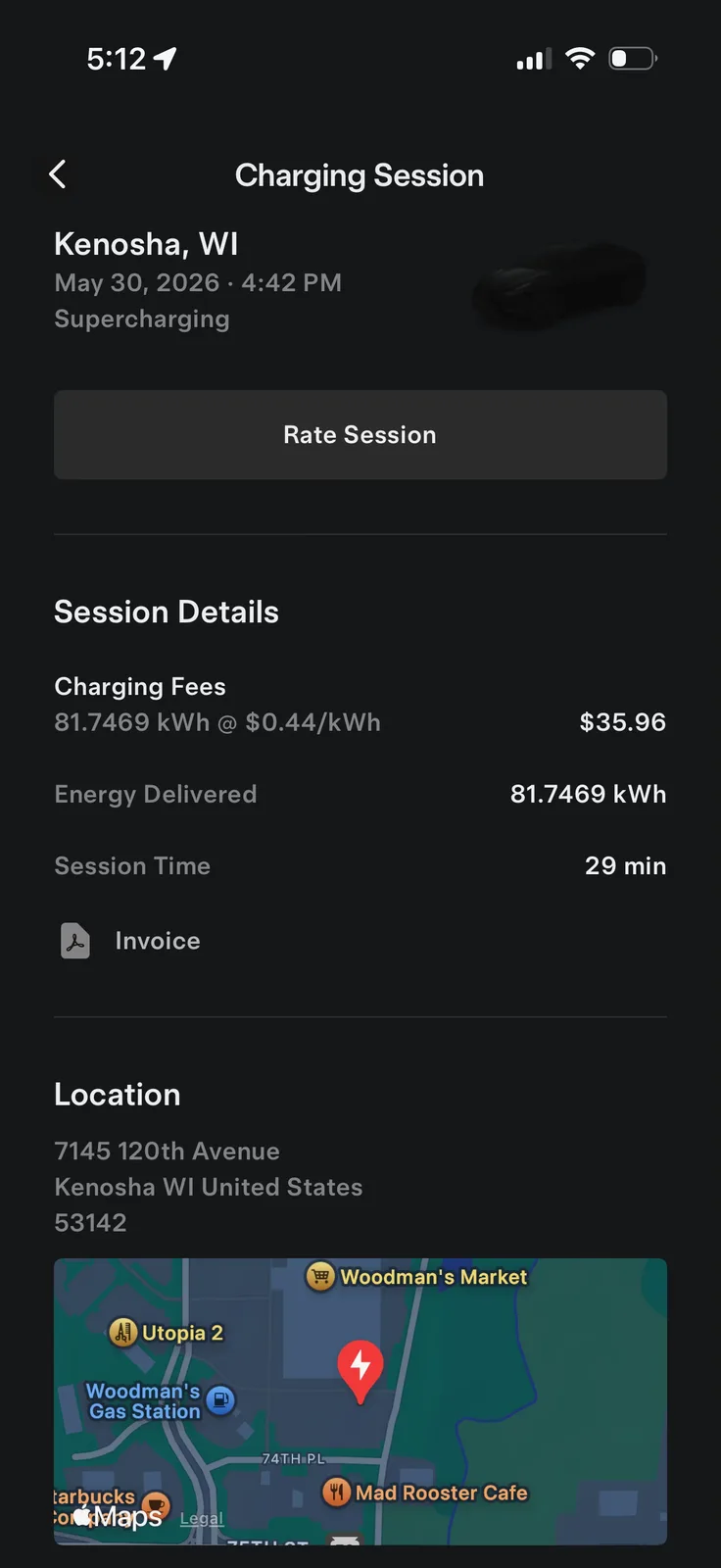 The Tesla app charging-session detail for the Kenosha Supercharger, 81.7469 kWh delivered in 29 minutes at 7145 120th Avenue, Kenosha WI 53142