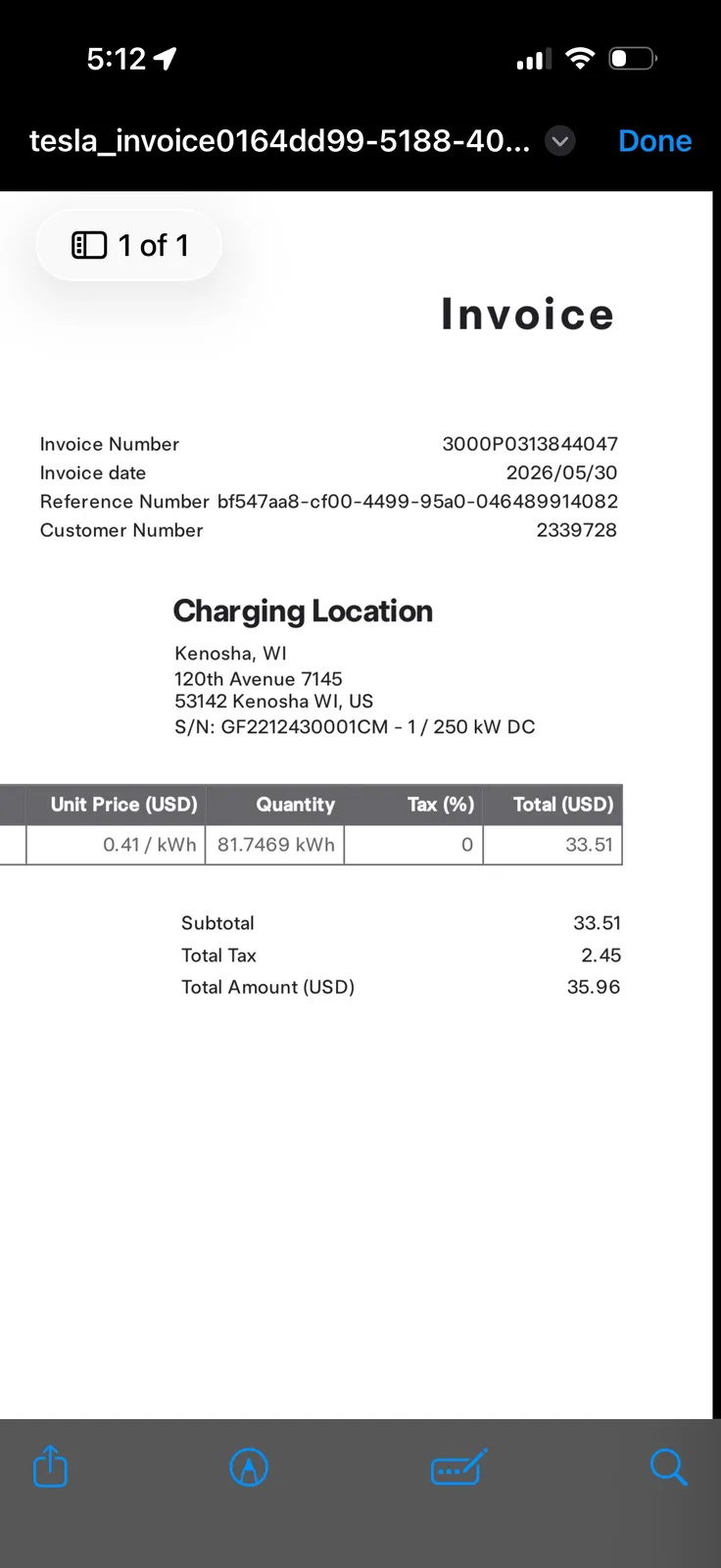The Tesla email invoice for the Kenosha Supercharger session, 81.7469 kWh at $0.41 per kWh for $33.51 subtotal plus $2.45 tax, $35.96 total