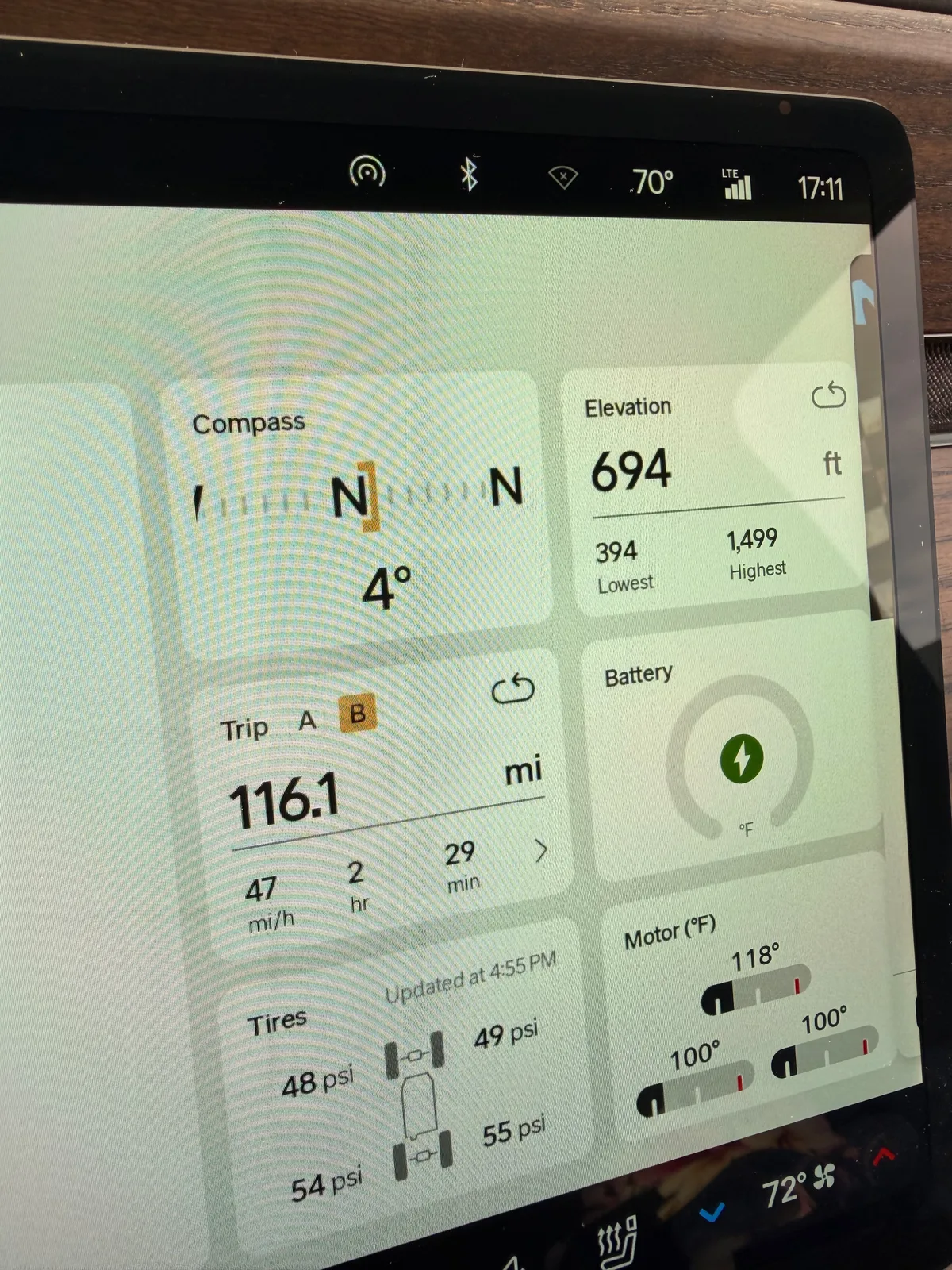 The Rivian R1T center display Trip B view at the Kenosha Tesla Supercharger showing Trip B 116.1 miles, 47 mph average, 2 hours 29 minutes, elevation 694 ft, ambient 70°F, battery charging