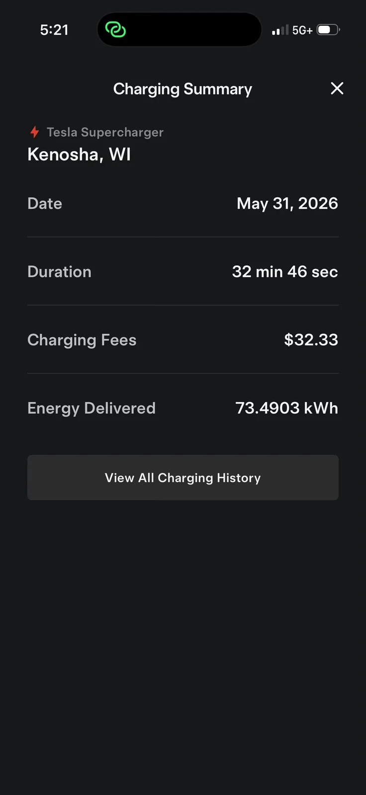 The Tesla app charging summary for the Kenosha Supercharger on May 31 2026, 73.4903 kWh delivered in 32 min 46 sec for $32.33