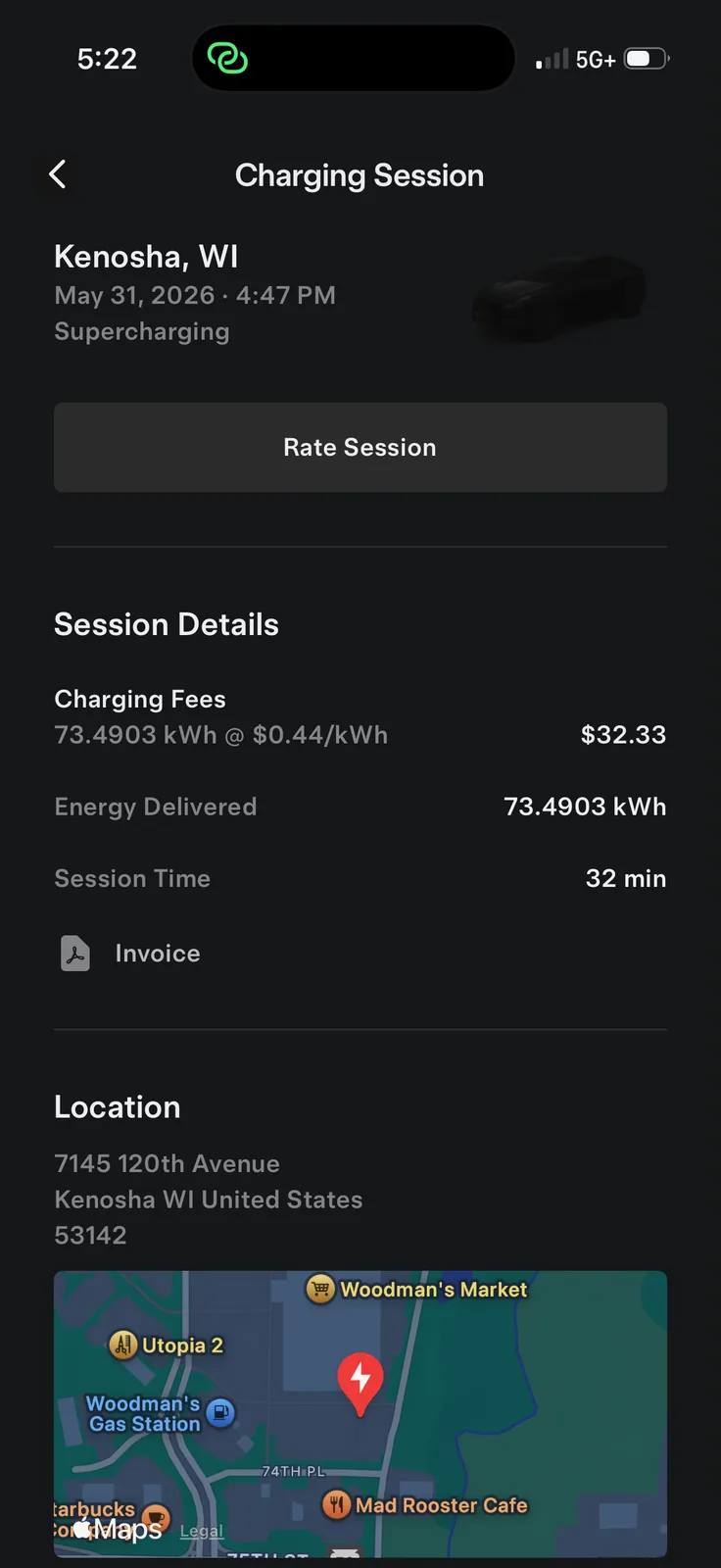 The Tesla app charging-session detail for the Kenosha Supercharger, 73.4903 kWh at $0.44 per kWh, 7145 120th Avenue, Kenosha WI 53142, 4:47 PM