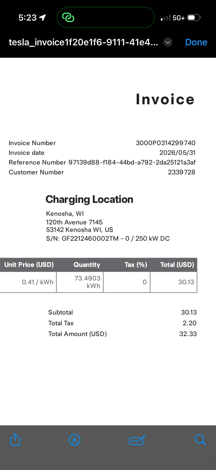 The Tesla email invoice for the Kenosha Supercharger session, 73.4903 kWh at $0.41 per kWh for $30.13 subtotal plus $2.20 tax, $32.33 total
