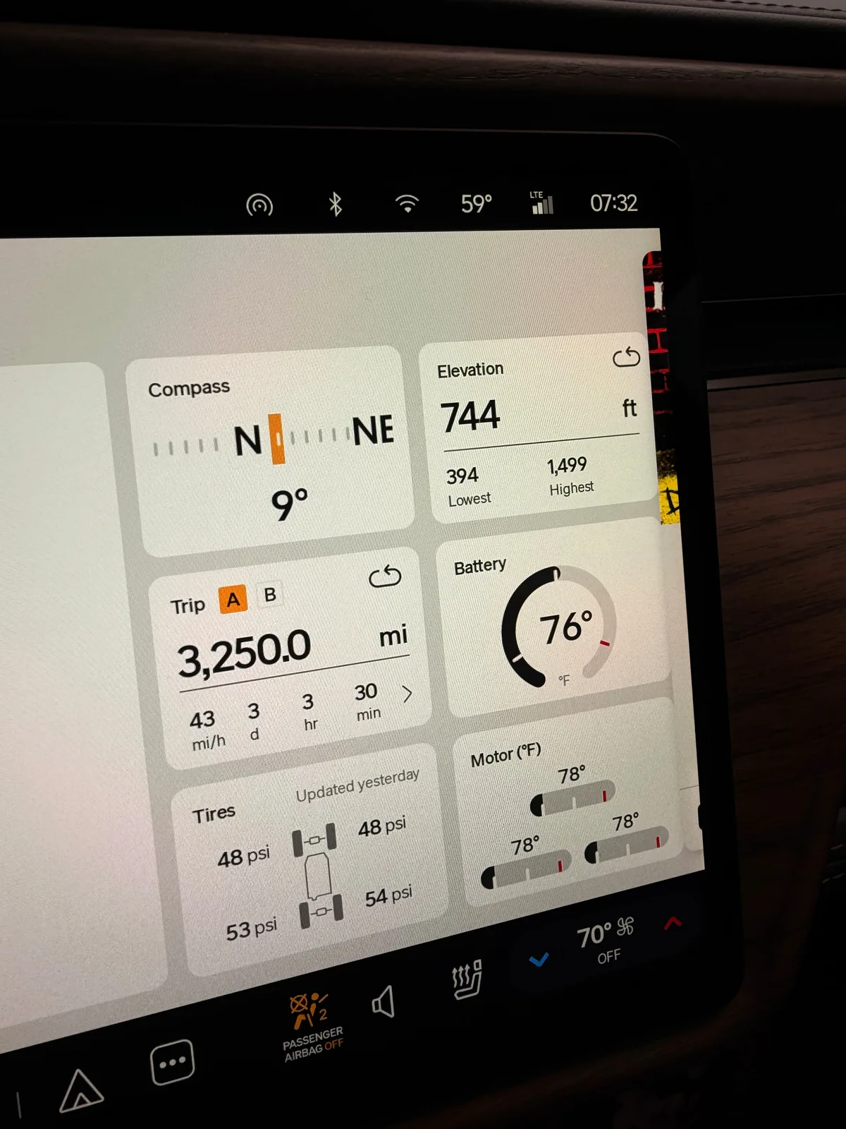 The Rivian R1T center display Trip A view leaving Fox Lake showing Trip A 3,250.0 miles, 43 mph average, 3 days 3 hours 30 minutes, elevation 744 ft, ambient 59°F