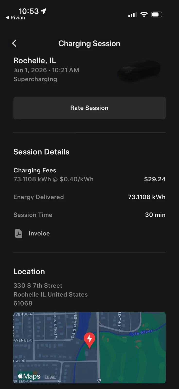 The Tesla app charging-session detail for the Rochelle IL Supercharger, 73.1108 kWh at $0.40 per kWh for $29.24, 30 minutes, 330 S 7th Street Rochelle IL