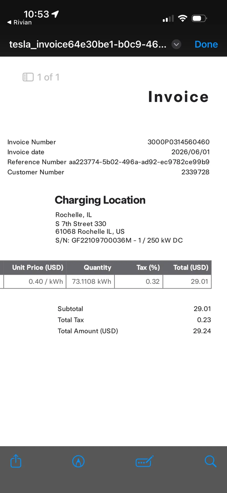 The Tesla email invoice for the Rochelle IL Supercharger session, 73.1108 kWh at $0.40 per kWh for $29.01 subtotal plus $0.23 tax, $29.24 total