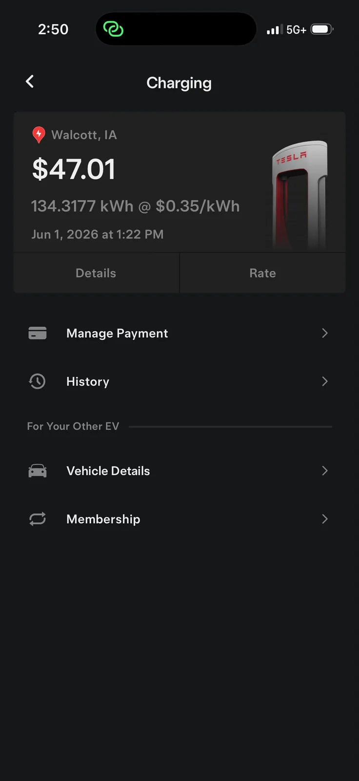 The Tesla app charging summary for the Walcott IA Supercharger, $47.01 for 134.3177 kWh at $0.35 per kWh, June 1 2026 at 1:22 PM