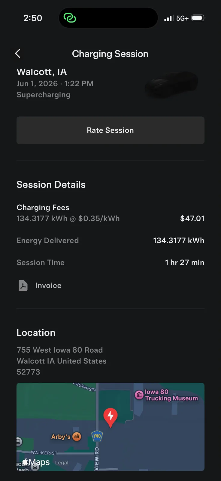 The Tesla app session detail for the Walcott IA Supercharger, 134.3177 kWh delivered in 1 hour 27 minutes, 755 West Iowa 80 Road Walcott IA, with a map by the Iowa 80 Trucking Museum