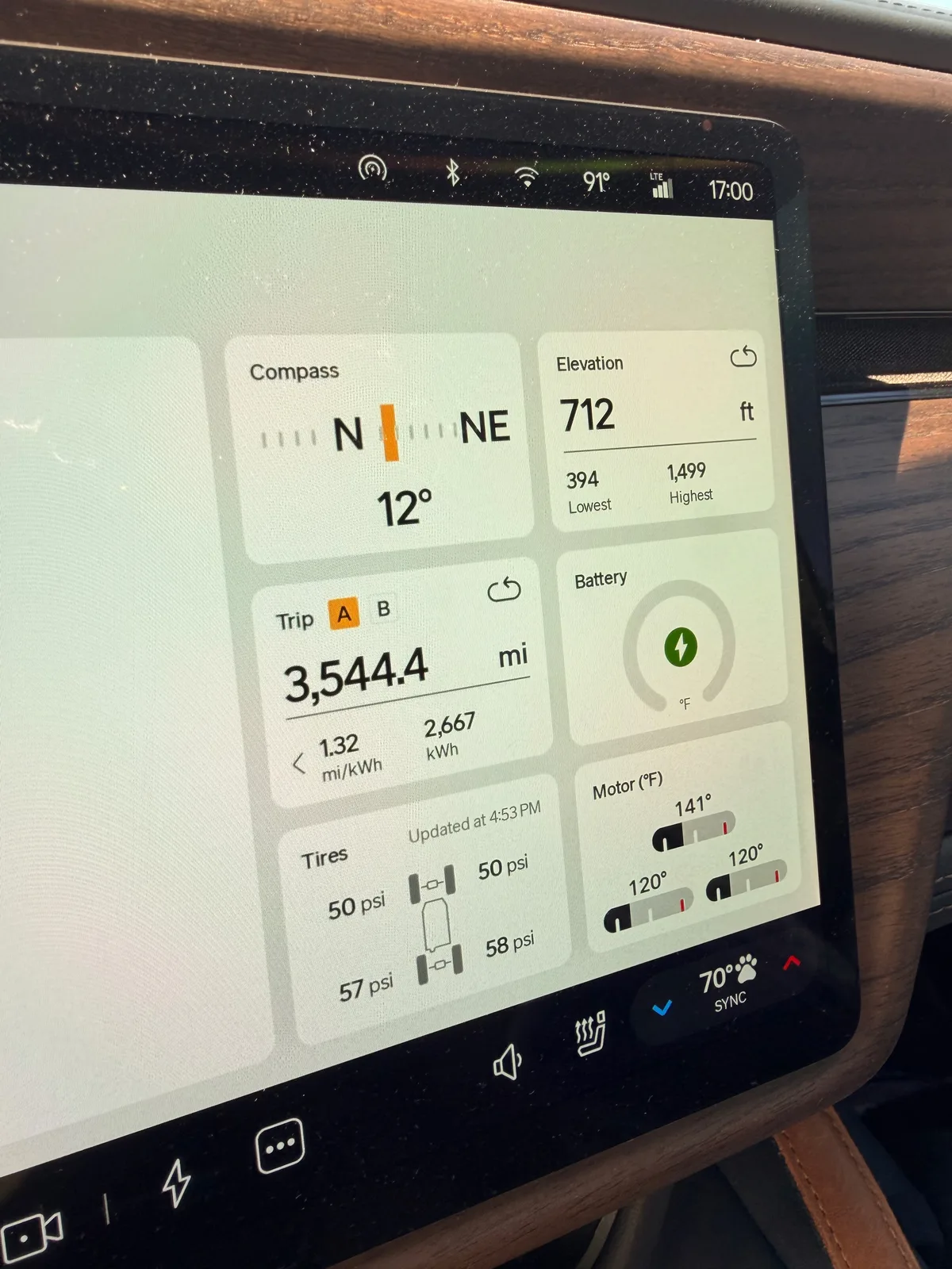 The Rivian R1T center display Trip A view at Mount Pleasant showing Trip A 3,544.4 miles, 1.32 mi/kWh, 2,667 kWh cumulative, elevation 712 feet