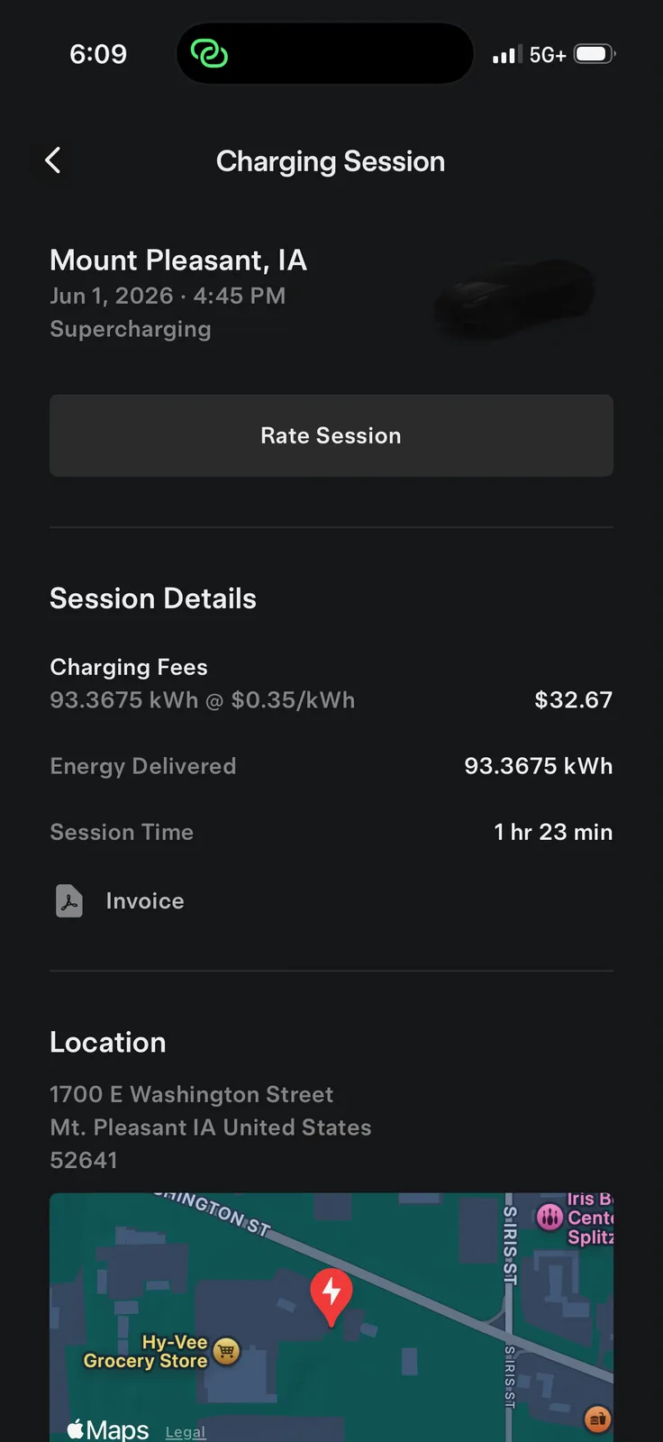 The Tesla app charging-session detail for the Mount Pleasant IA Supercharger, 93.3675 kWh at $0.35 per kWh for $32.67, 1 hour 23 minutes, 1700 E Washington Street Mount Pleasant IA