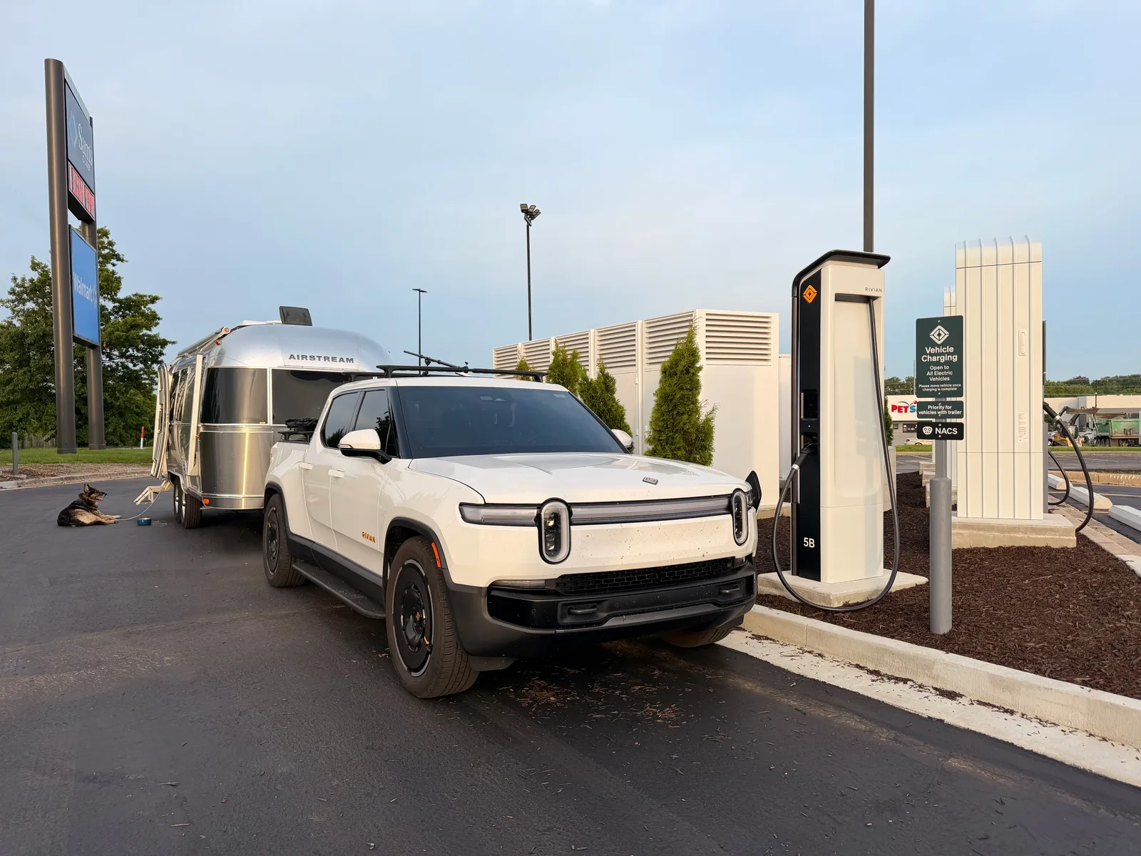 White Rivian R1T towing the Airstream plugged into a Rivian NACS fast charger at dawn, the German shepherd Mission lying on the pavement beside the trailer