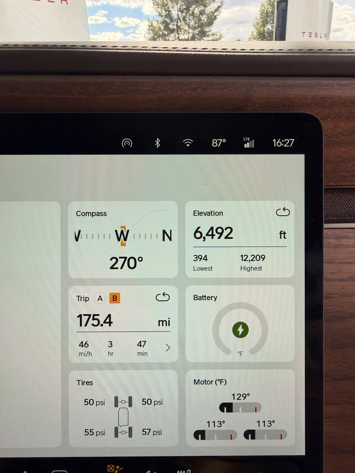 Rivian R1T center display at Gypsum at 4:27 PM showing Trip B 175.4 miles at a 46 mph average over 3 hours 47 minutes, elevation 6,492 ft, battery charging, motor temps 113 to 129 F, tires 50 and 50 psi front and 55 and 57 psi rear