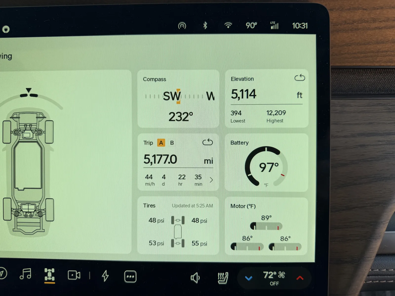 Rivian R1T center display in the Windows parking lot at 10:31 AM showing Trip A 5,177.0 cumulative trip miles, compass southwest 232 degrees, elevation 5,114 ft, battery 97 F, ambient 72 F