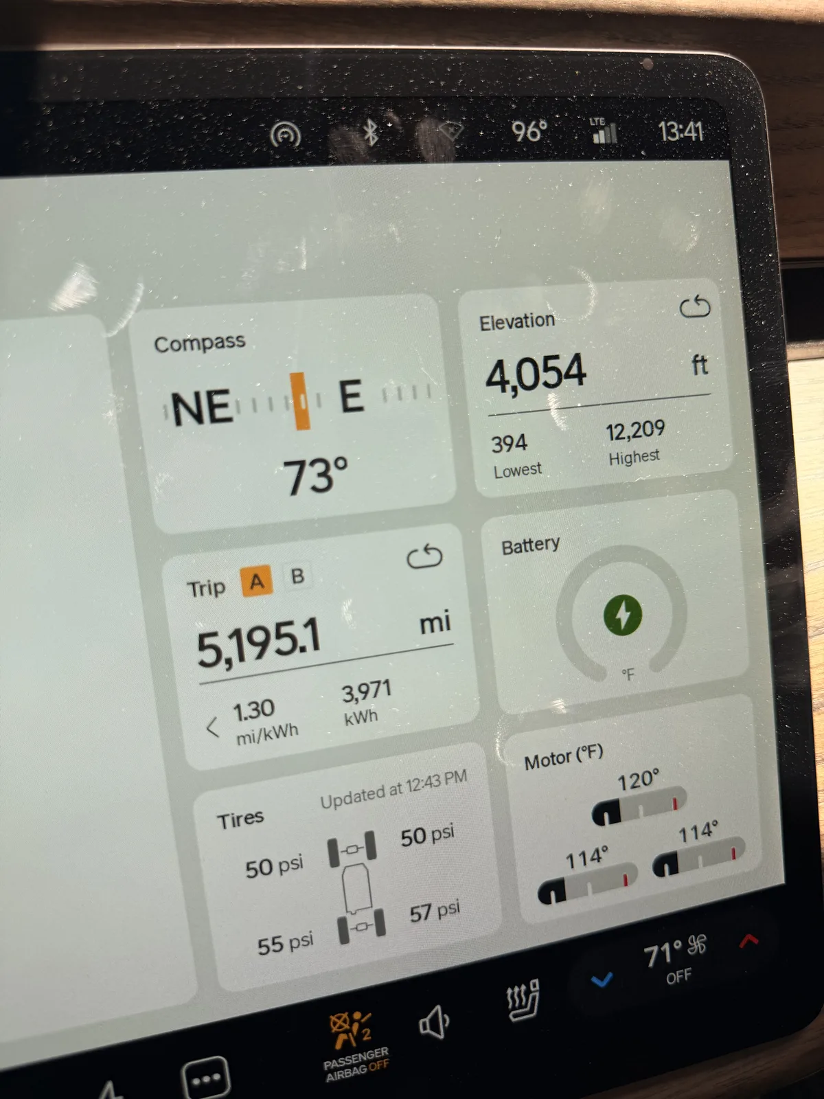 Rivian R1T center display at Sun Outdoors Moab at 1:41 PM showing Trip A 5,195.1 cumulative trip miles at 1.30 mi/kWh and 3,971 kWh trip-to-date, elevation 4,054 ft, battery charging, tires 50 and 50 psi front and 55 and 57 psi rear