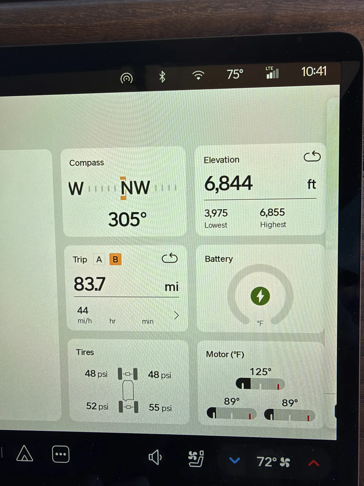 Rivian R1T center display at Thousand Lakes at 10:41 AM showing Trip B 83.7 miles at a 44 mph average, elevation 6,844 ft, tires 48 psi front and 52 and 55 psi rear, ambient 75 F