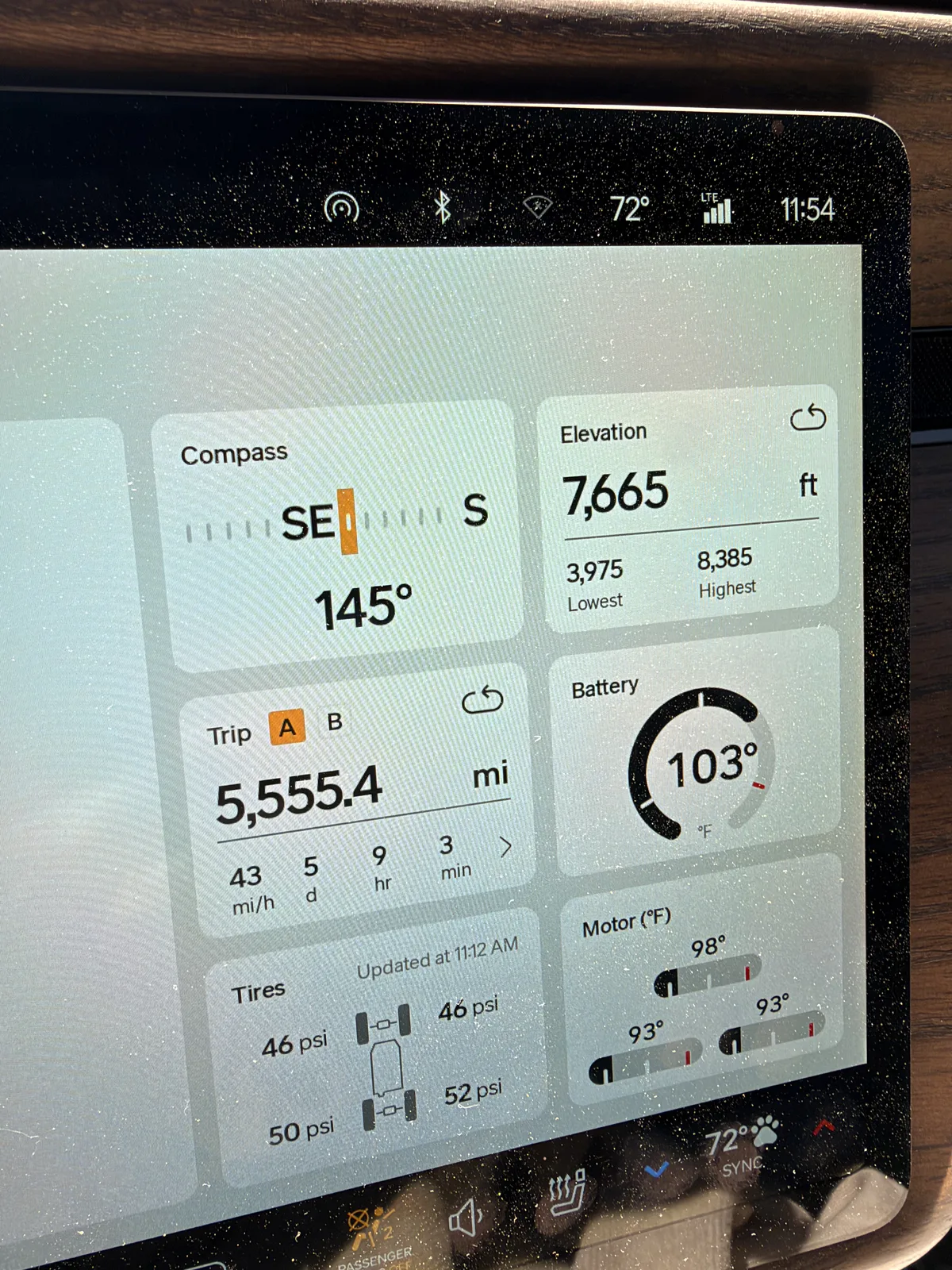 Rivian R1T center display at the Bryce Canyon City Supercharger at 11:54 AM showing Trip A 5,555.4 miles at a 43 mph average over 5 days 9 hours 3 minutes, elevation 7,665 ft, battery 103 F, tires 46 psi front and 50 and 52 psi rear