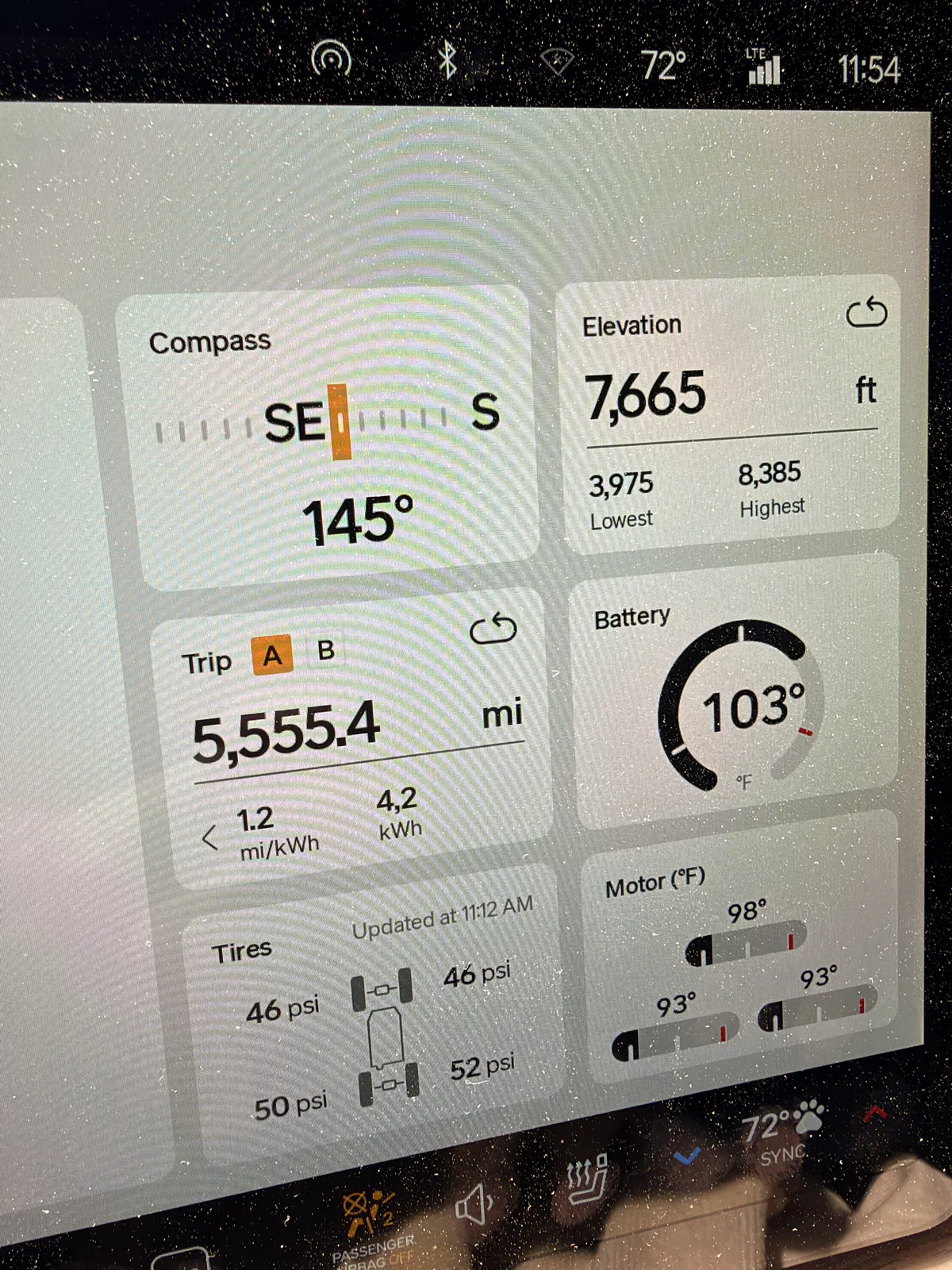 Rivian R1T center display showing Trip A 5,555.4 miles at 1.2 mi/kWh and about 4,290 kWh trip-to-date, elevation 7,665 ft