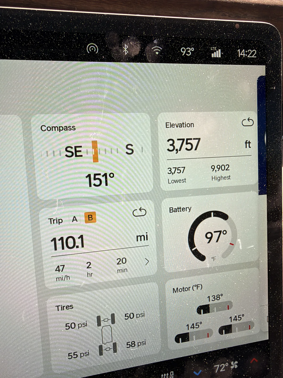 Rivian R1T center display at La Verkin showing Trip B 110.1 miles at a 47 mph average over 2 hours 20 minutes, elevation 3,757 ft