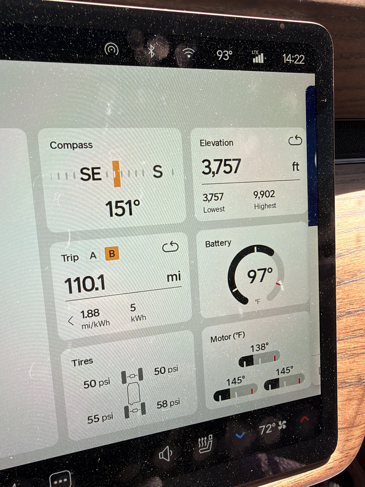 Rivian R1T center display at the La Verkin Supercharger at 2:22 PM showing Trip B 110.1 miles at 1.88 mi/kWh, elevation 3,757 ft with a 9,902 ft day high, battery 97 F, motor temps 138 to 145 F, tires 50 psi front and 55 and 58 psi rear, ambient 93 F