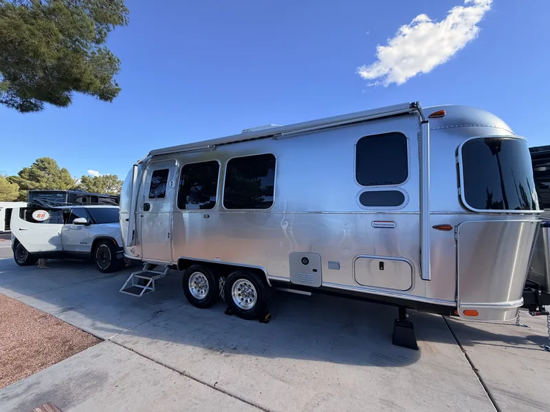The 23-foot Airstream International hitched to the Rivian R1T near Enterprise, Nevada