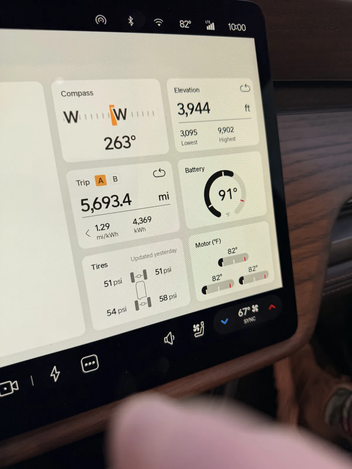 Rivian R1T center display at the Zion South Campground the next morning at 10:00 showing Trip A 5,693.4 miles at 1.29 mi/kWh and 4,369 kWh trip-to-date, elevation 3,944 ft, battery 91 F