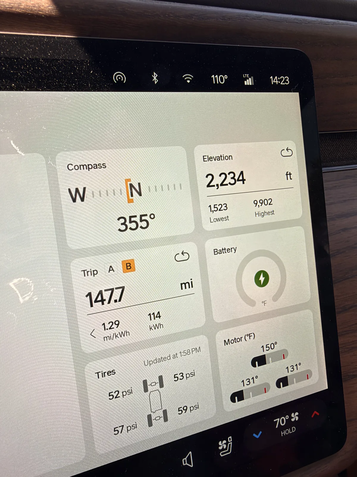 Rivian R1T center display showing Trip B 147.7 miles at 1.29 mi/kWh on 114 kWh, elevation 2,234 ft, tires 52 to 59 psi