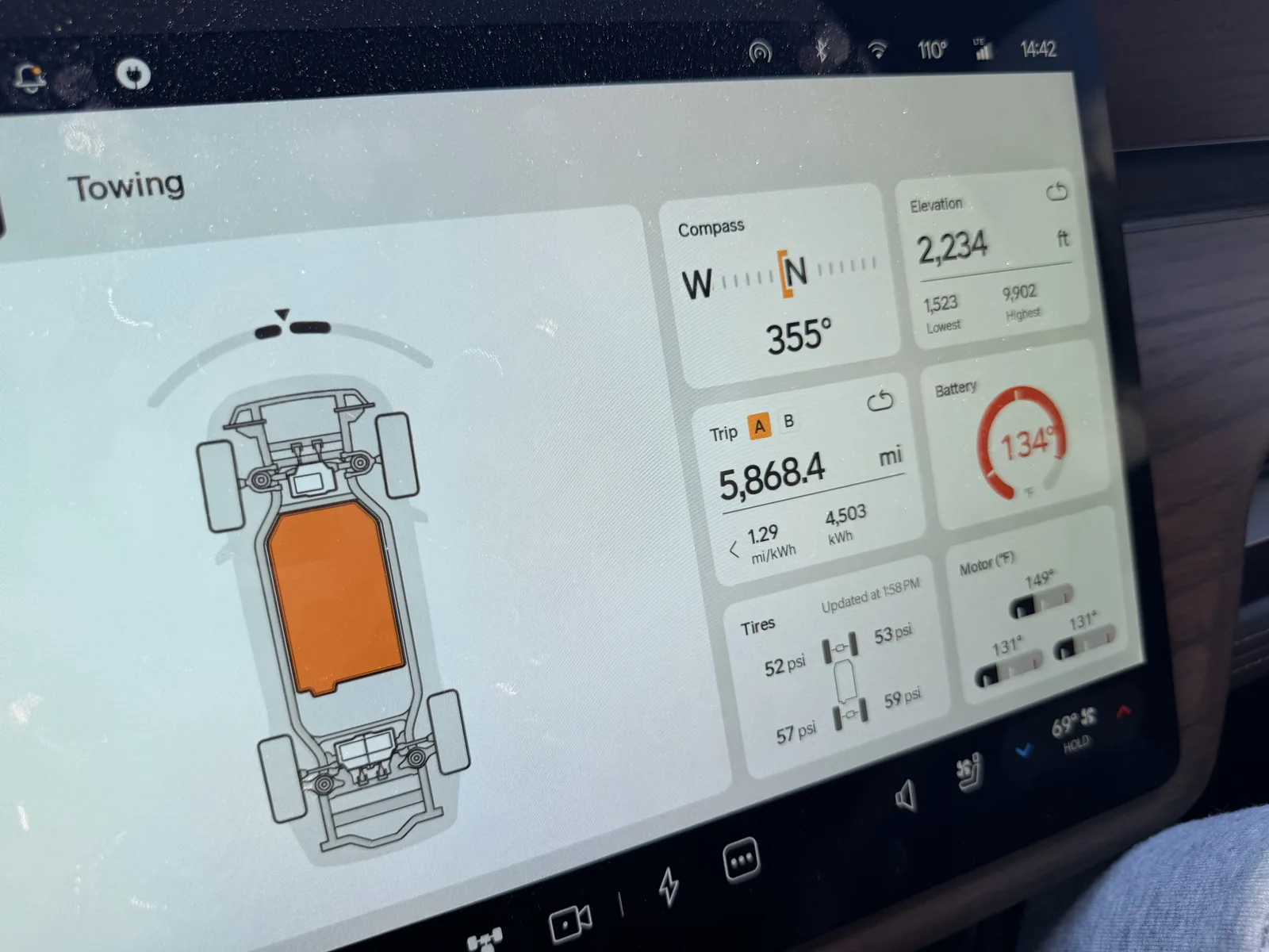 Rivian R1T towing screen with the chassis diagram at the Las Vegas RAN, battery dial red at 134 F, Trip A 5,868.4 miles