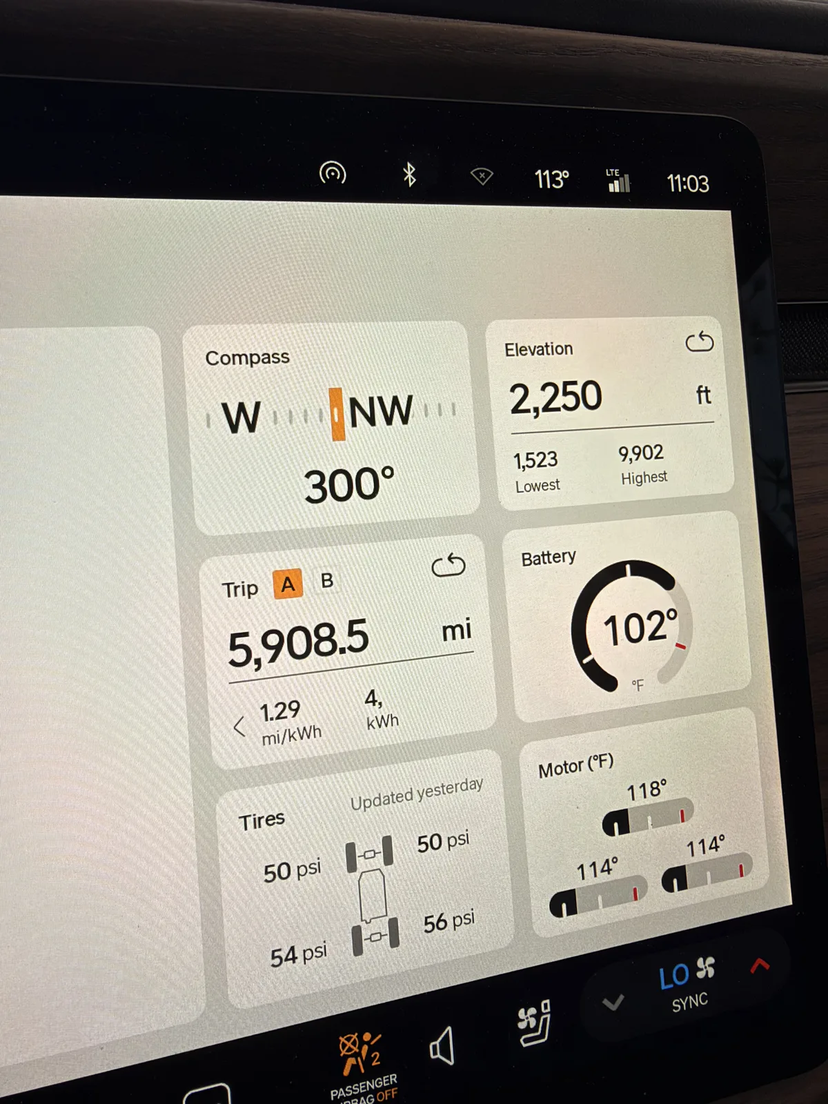 Rivian R1T center display at the Oasis Las Vegas RV Resort at 11:03 AM showing Trip A 5,908.5 miles at 1.29 mi/kWh, elevation 2,250 ft, ambient 113 F, battery 102 F