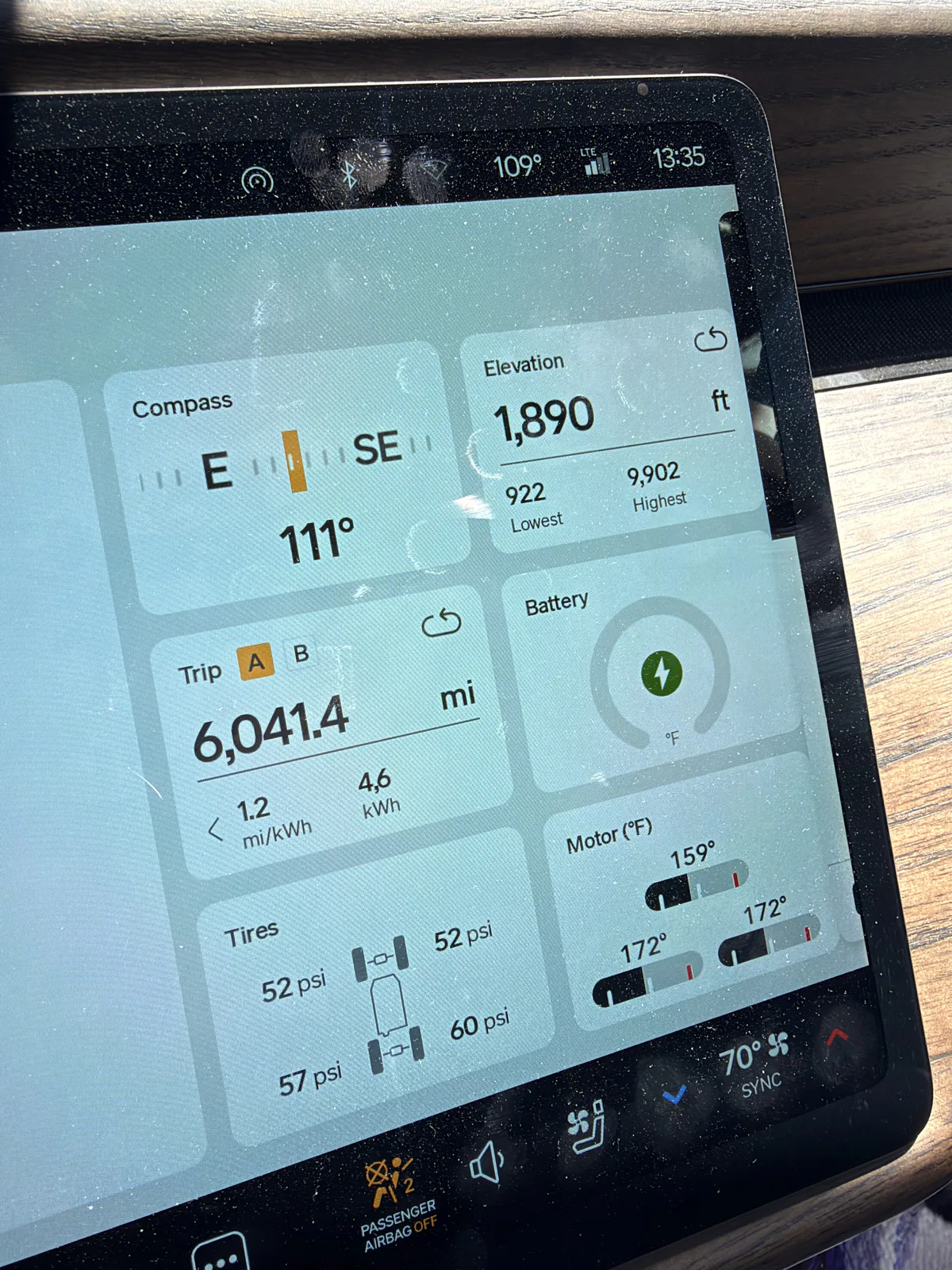 Rivian R1T center display at the Yermo, California Supercharger showing Trip A 6,041.4 miles at 1.2 mi/kWh, elevation 1,890 ft, ambient 109 F, heading 111 degrees east-southeast, tires 52 to 60 psi