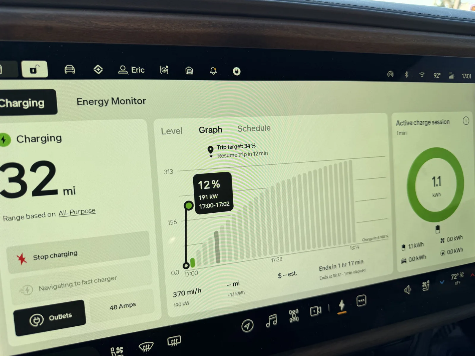 Rivian R1T charging screen showing 191 kW at 12 percent state of charge with 32 miles of range on arrival at the San Bernardino charger