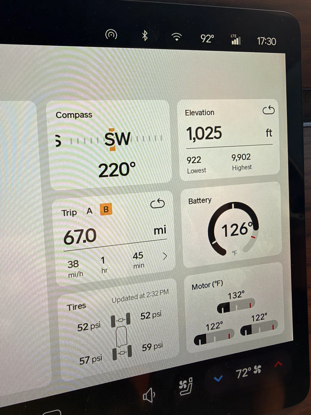 Rivian R1T center display showing Trip B 67.0 miles at 38 mph average over 1 hour 45 minutes moving time, elevation 1,025 ft, ambient 92 F, on the leg into San Bernardino