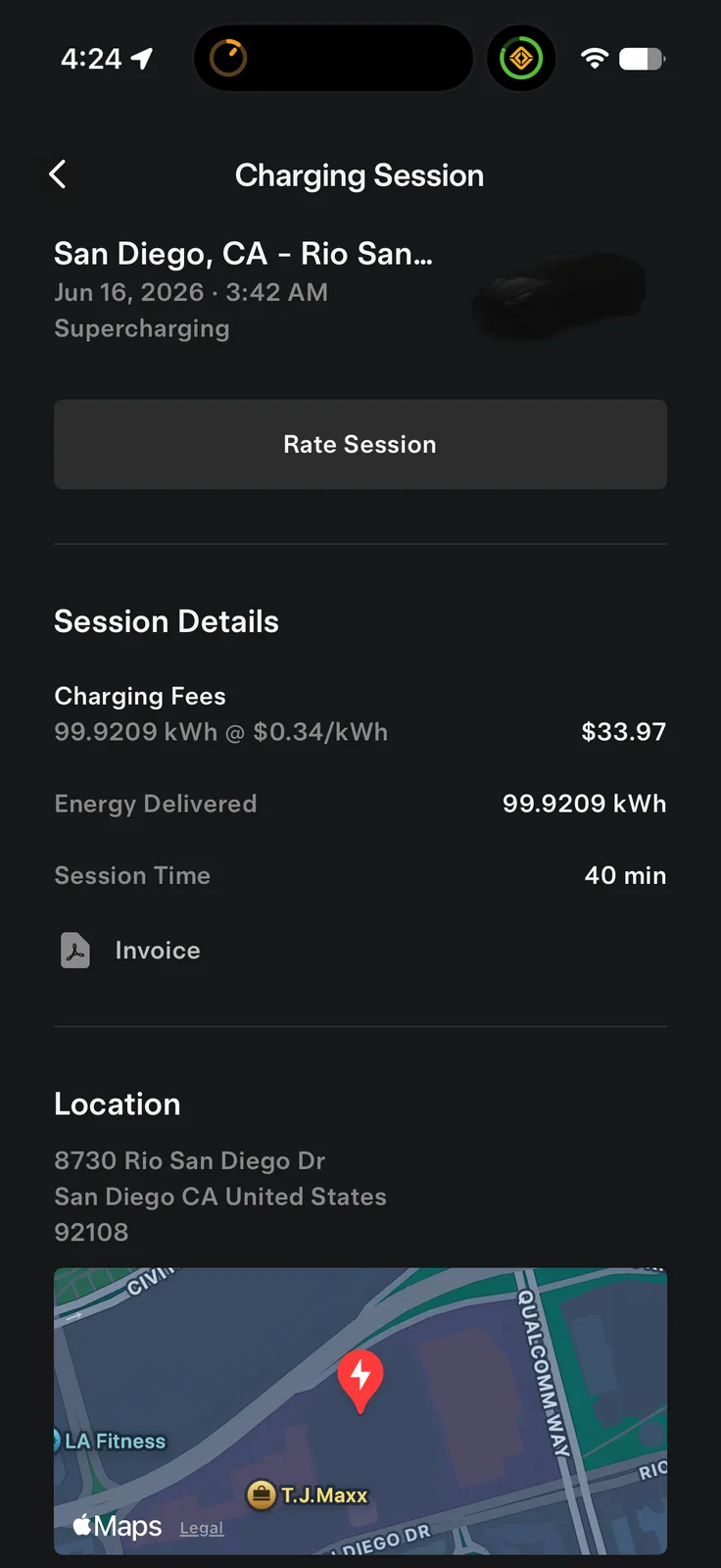 Tesla charging session screen for the Rio San Diego Drive Supercharger showing 99.9209 kWh delivered at $0.34 per kWh, $33.97 total, a 40-minute session