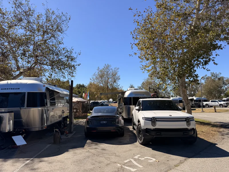 23′ Airstream International hitched to the Rivian R1T at San Dimas, CA, October 2025