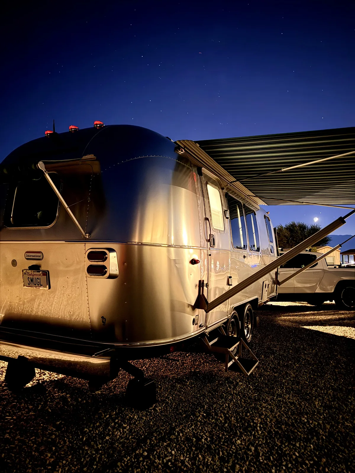 23′ Airstream International hitched to the Rivian R1T at Coachella, CA, October 2025