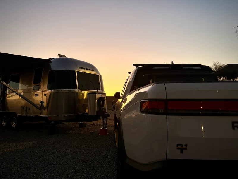 23′ Airstream International hitched to the Rivian R1T at Coachella, CA, October 2025