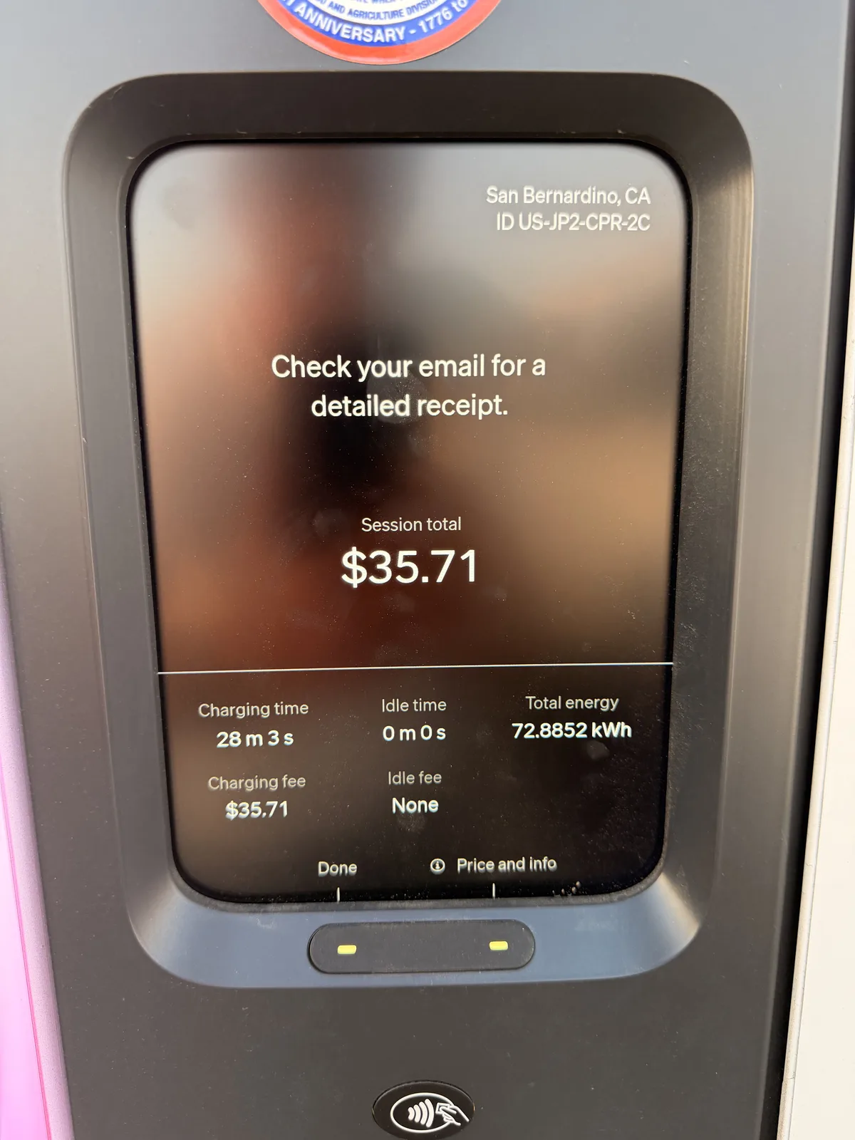 The San Bernardino RAN pedestal receipt showing 72.8852 kWh delivered, $35.71 session total, charging time 28 m 3 s, zero idle, charger ID US-JP2-CPR-2C.