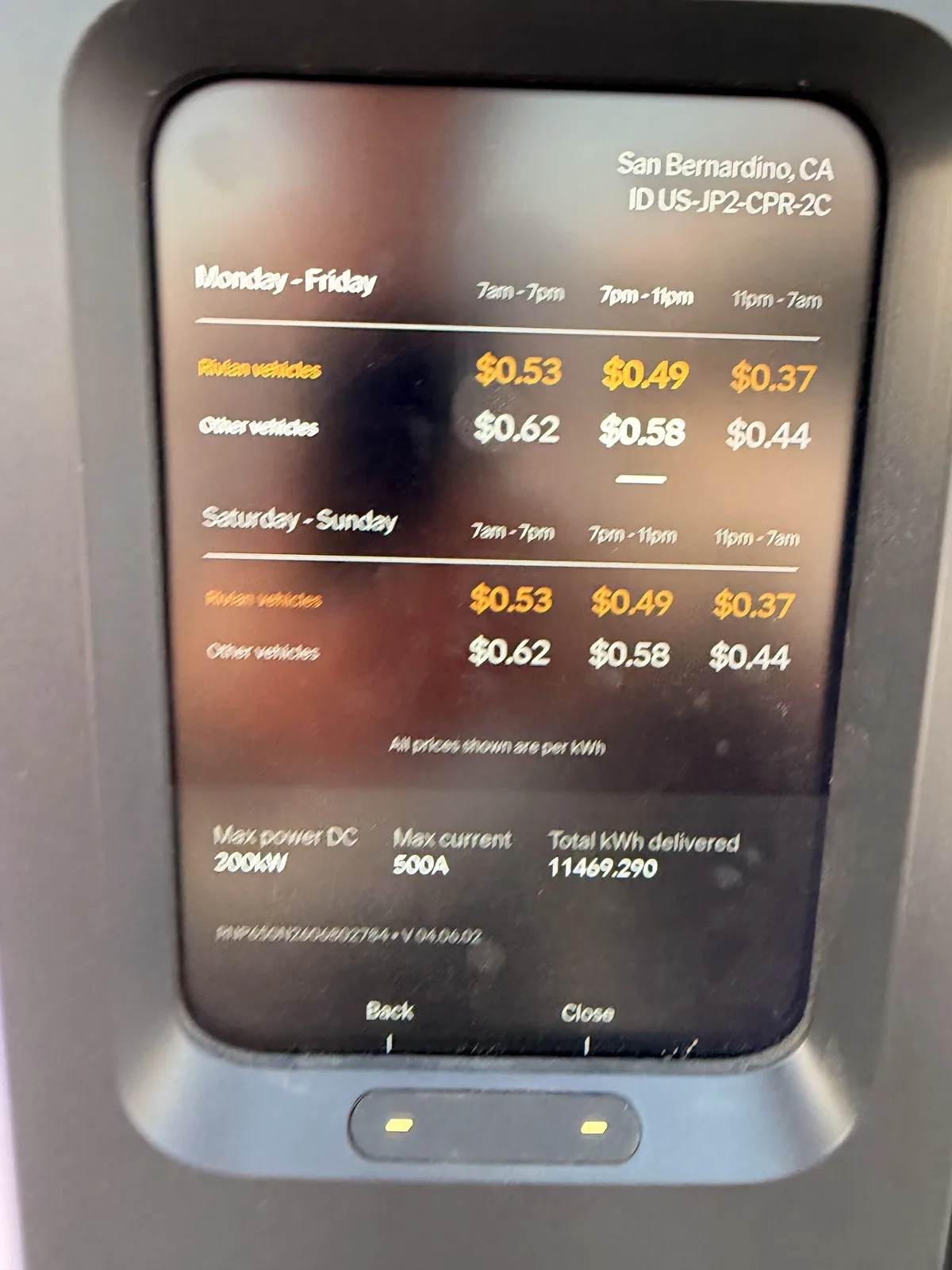 The San Bernardino RAN pricing card showing Rivian rates of $0.53, $0.49, and $0.37 per kWh by time of day, 200 kW max DC, and a 10-minute idle grace period.