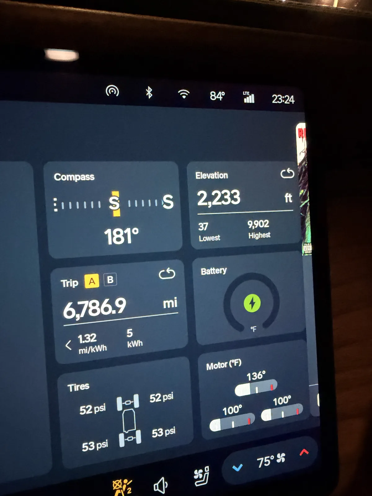 The Rivian R1T center display in Las Vegas showing Trip A 6,786.9 miles at 1.32 mi/kWh cumulative, elevation 2,233 ft, motor temps 100 to 136°F, tires 52 to 53 psi.