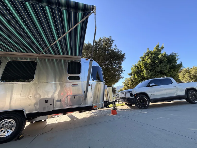The 23-foot Airstream International hitched to the Rivian R1T at Pala, California