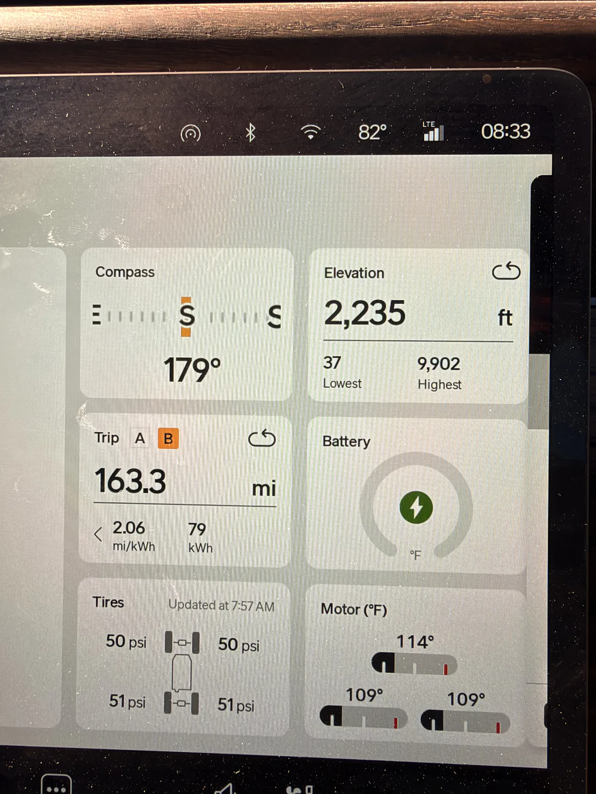 The Rivian R1T center display showing Trip B 163.3 miles at 2.06 mi/kWh and 79 kWh, elevation 2,235 ft, ambient 82°F, the empty-truck running number holding from the night before.