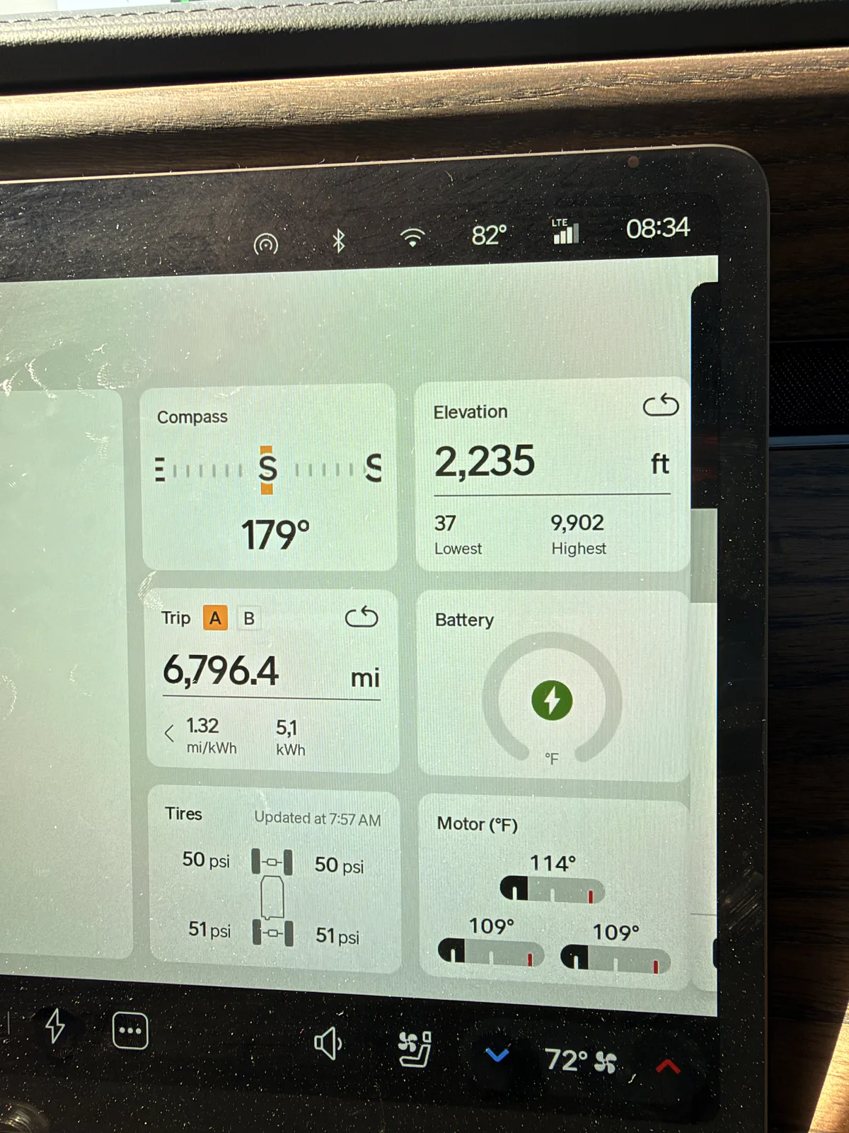 The Rivian R1T center display at the Las Vegas RAN on the morning of June 30 showing Trip A 6,796.4 miles at 1.32 mi/kWh cumulative, elevation 2,235 ft, motor temps 109 to 114°F, tires 50 to 51 psi.