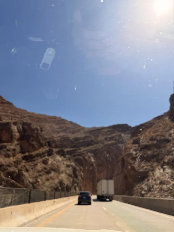 Interstate 15 winding through the steep limestone walls of the Virgin River Gorge in northwest Arizona on a clear morning, on the Utah Ducati Run