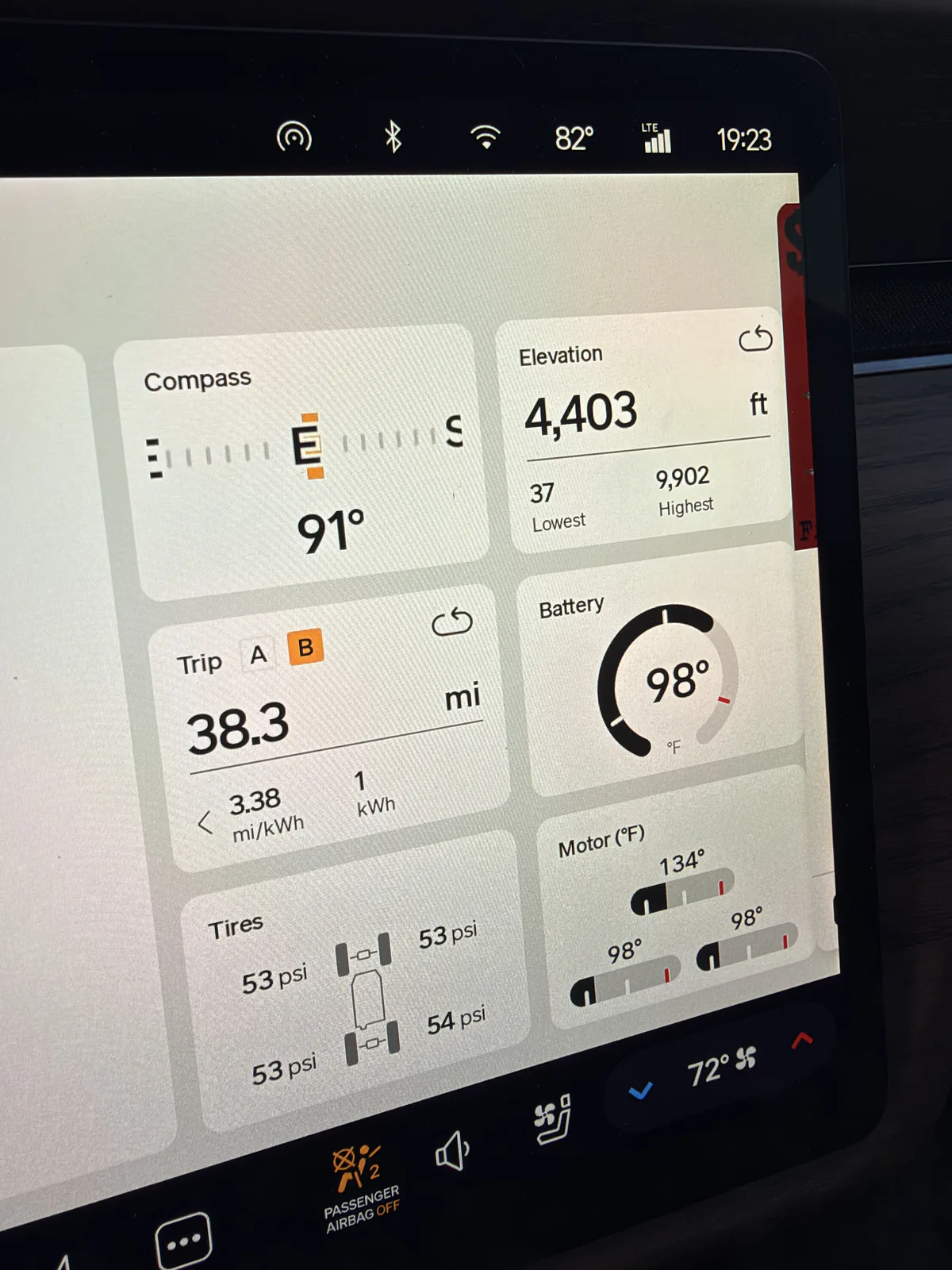 The Rivian R1T center display showing Trip B 38.3 miles at 3.38 mi/kWh for the Park City to Salt Lake Valley descent, elevation 4,403 ft.