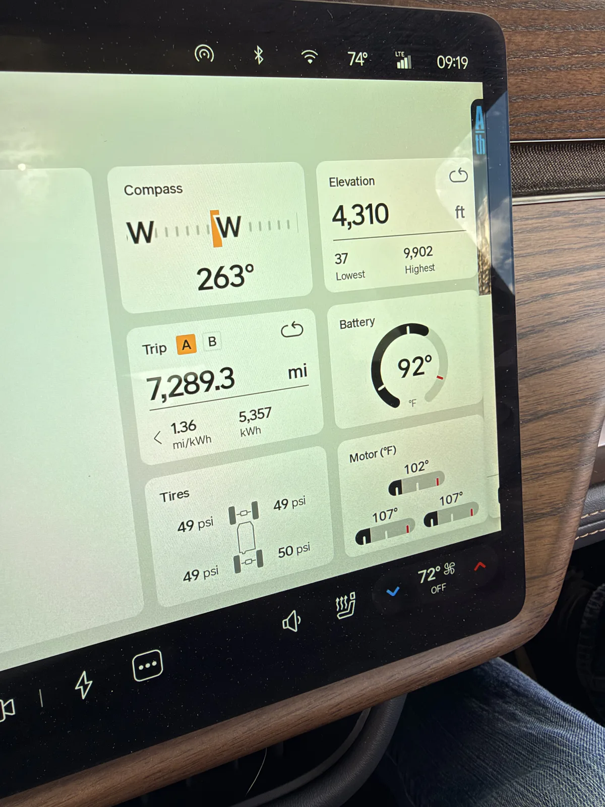 The Rivian R1T center display in Sandy, Utah showing Trip A 7,289.3 miles at 1.36 mi/kWh and 5,357 kWh cumulative, elevation 4,310 ft, battery 92°F, tires 49 to 50 psi.