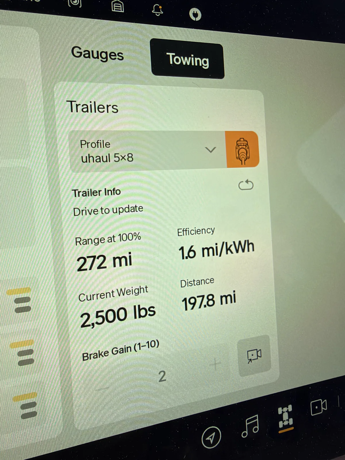 The Rivian R1T towing screen at Beaver, Utah showing the U-Haul 5x8 trailer profile at 1.6 mi/kWh efficiency and an estimated trailer weight of 2,500 lb.