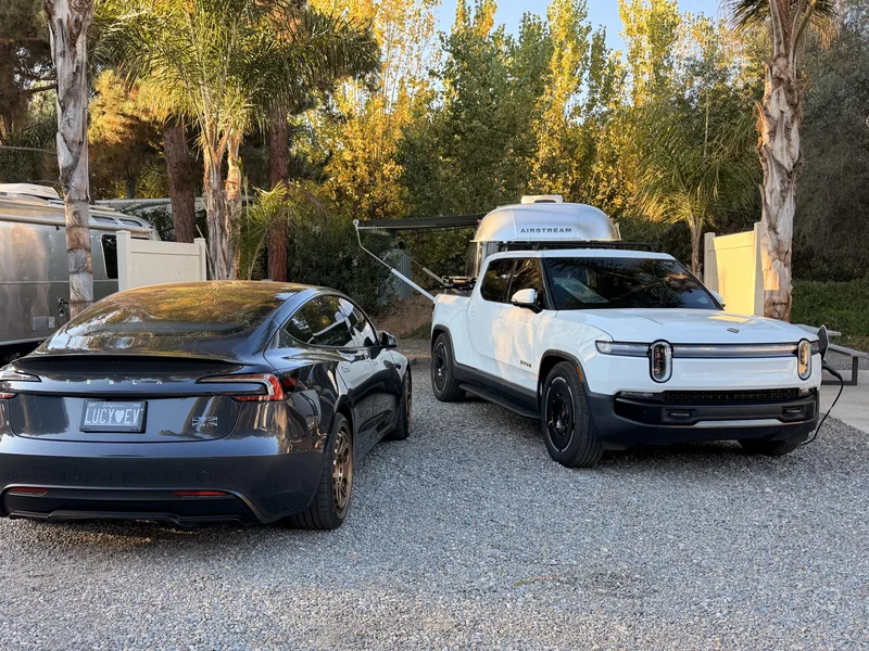 23′ Airstream International hitched to the Rivian R1T at Lakeside, CA, November 2025