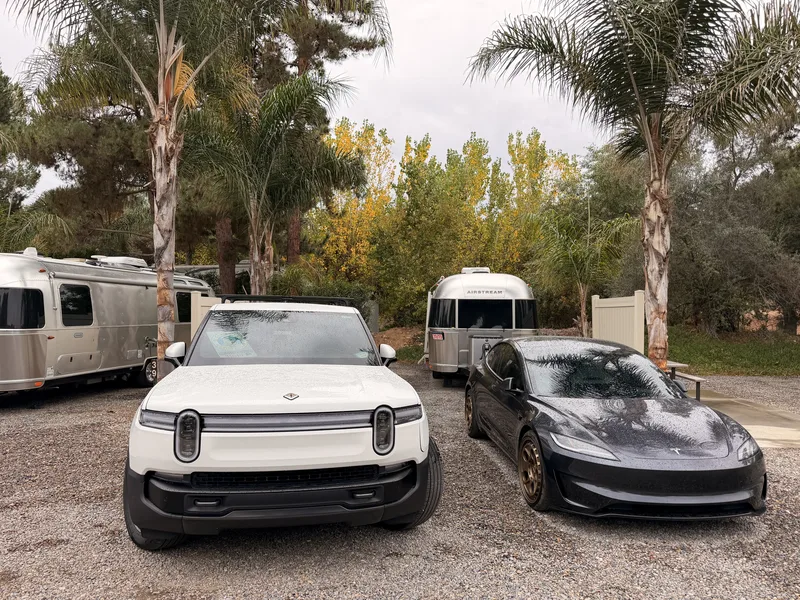 23′ Airstream International hitched to the Rivian R1T at Lakeside, CA, November 2025