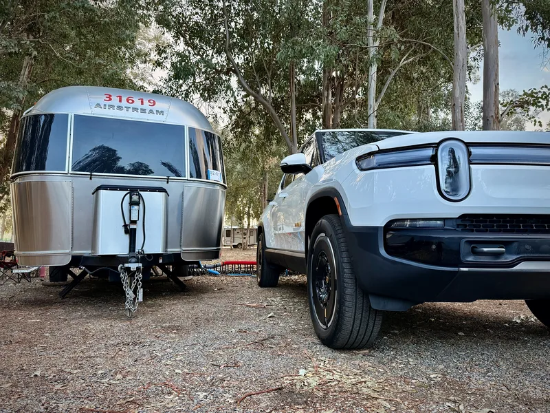 The 20-foot Airstream Caravel hitched to the Rivian R1T at Menifee, California